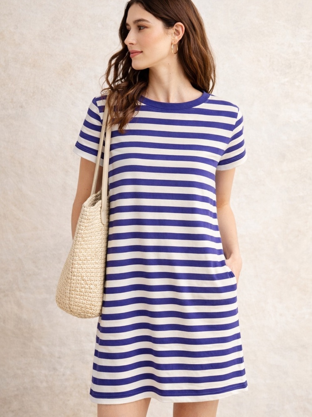 Free Assembly Blue & White Striped T-Shirt Dress Size L Casual Nautical